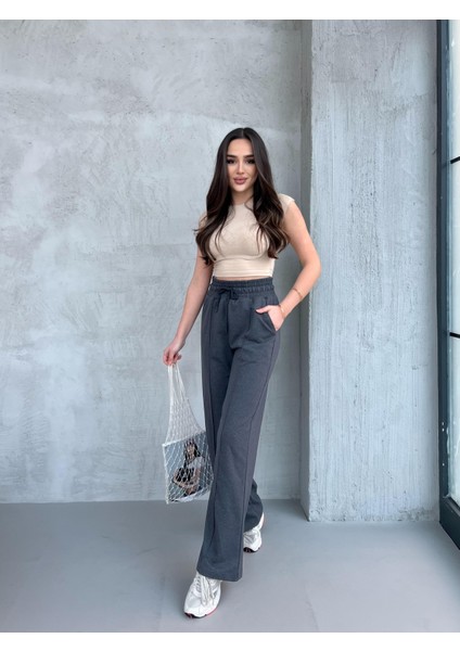 Siyah-Antrasit Kadın Mevsimlik Salaş Geniş Paça Yüksek Bel 2'li Eşofman Altı fırsatları