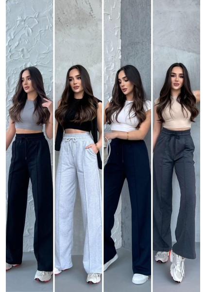 Siyah-Lacivert-Gri-Antrasit Kadın Mevsimlik Salaş Geniş Paça Yüksek Bel 4'lü Eşofman Altı