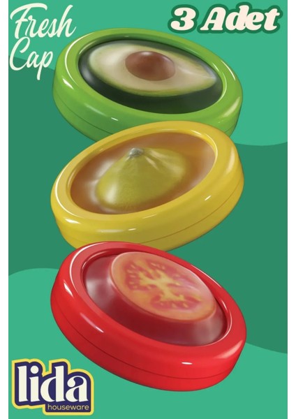 3'lü Freshcap -Meyve,sebze,soğan,limon ve Domates Saklama Kabı Esnek ve Yeniden Kullanılabilir