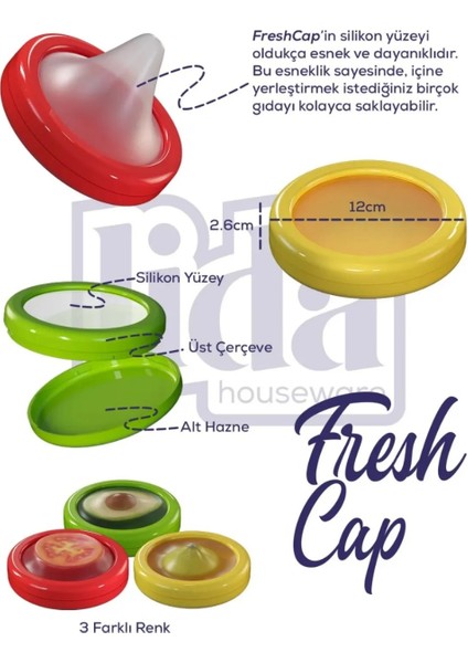 3'lü Freshcap -Meyve,sebze,soğan,limon ve Domates Saklama Kabı Esnek ve Yeniden Kullanılabilir
