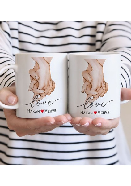Kişiye Özel Sevgili El Ele Tasarımlı Ikili Beyaz Kupa Bardak-2, Sevgililer Günü, Sevgiliye Hediye
