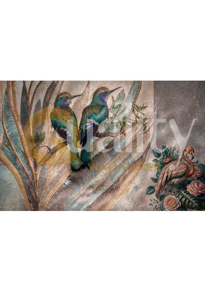 Kuşlar ve Flamingo Çiçekler Poster Duvar Kağıdı