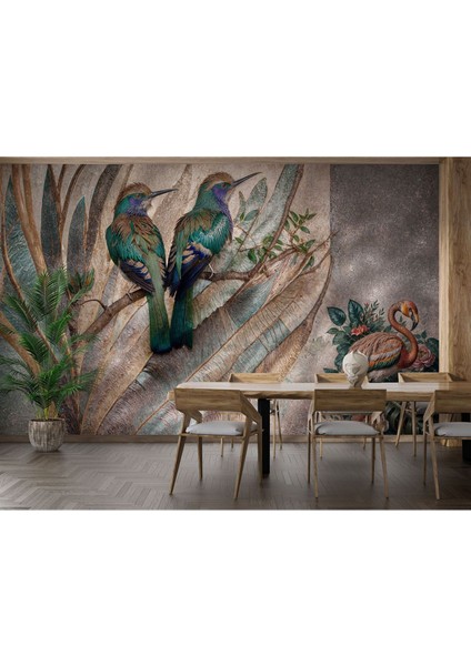 Kuşlar ve Flamingo Çiçekler Poster Duvar Kağıdı fiyatları