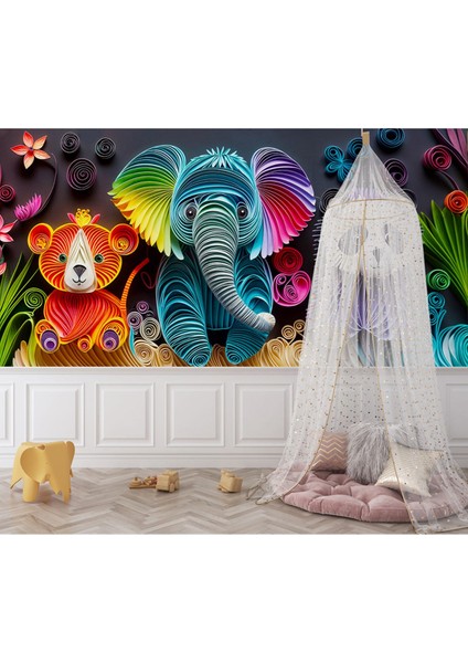 3D Renkli Hayvanlar Ayı Fil ve Panda Çocuk Odası Poster Duvar Kağıdı