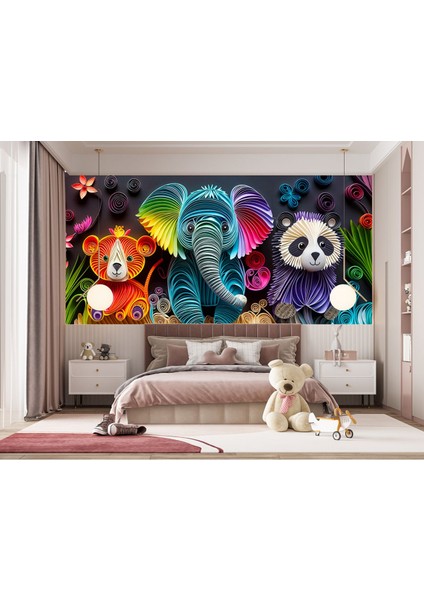 3D Renkli Hayvanlar Ayı Fil ve Panda Çocuk Odası Poster Duvar Kağıdı modelleri