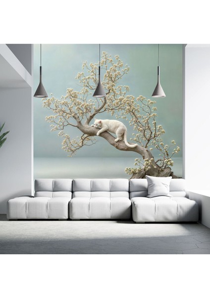 Ağaç Üstünde Yatan Beyaz Kedi Poster Duvar Kağıdı