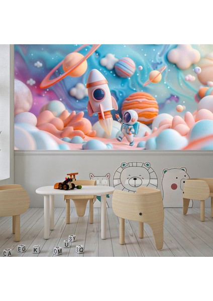 Renkli Uzayda Astronot Çocuk Odası Poster Duvar Kağıdı