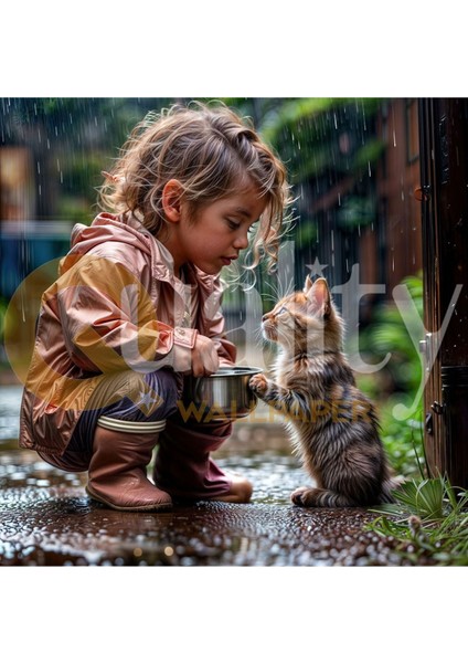 Kız Çocuğunun Kedi ile Bakışması Poster Duvar Kağıdı