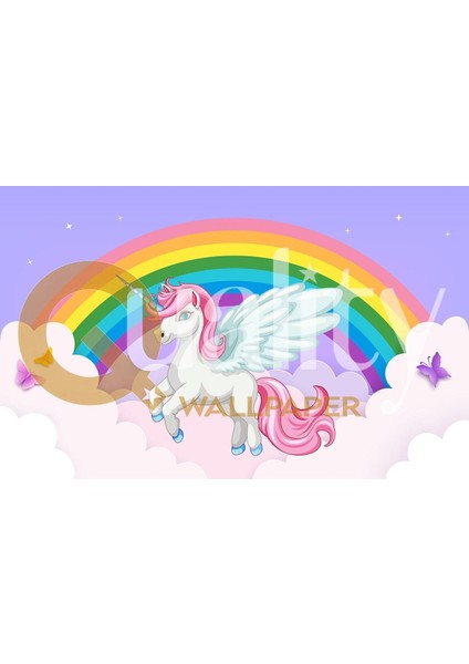 Gökkuşağı Bulutlar Kelebekler Unicorn Çocuk Odası Poster Duvar Kağıdı