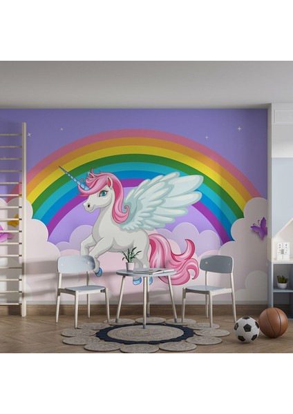 Gökkuşağı Bulutlar Kelebekler Unicorn Çocuk Odası Poster Duvar Kağıdı fiyatları