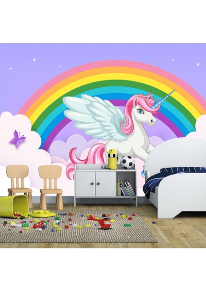 Gökkuşağı Bulutlar Kelebekler Unicorn Çocuk Odası Poster Duvar Kağıdı fırsatları