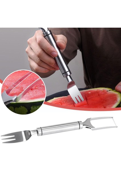 Gümüş 2 In 1 Karpuz Çatal Dilimleme Çok Amaçlı Karpuz Çatal Çelik Paslanmaz Kesici Meyve Mutfak Kesme Bıçağı Dilimleme Z3H0 (Yurt Dışından)