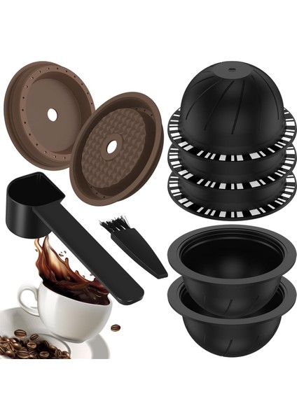 5 Adet Tekrar Kullanılabilir Vertuo Pod'ları Makine Için, 2 Silikon Kapaklı Kahve Kapsülü, 1 Kaşık ve Fırça, (230 Ml) (Yurt Dışından)