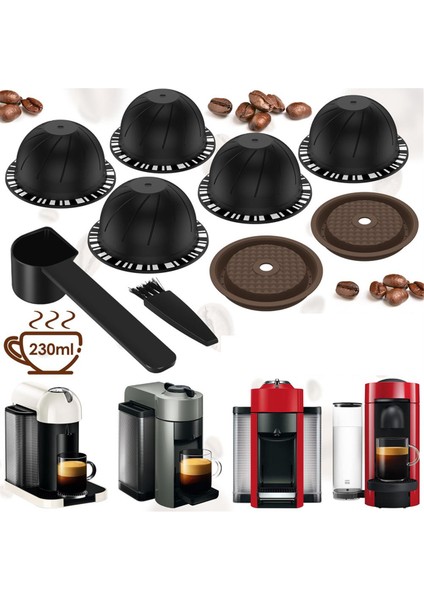 5 Adet Tekrar Kullanılabilir Vertuo Pod'ları Makine Için, 2 Silikon Kapaklı Kahve Kapsülü, 1 Kaşık ve Fırça, (230 Ml) (Yurt Dışından)