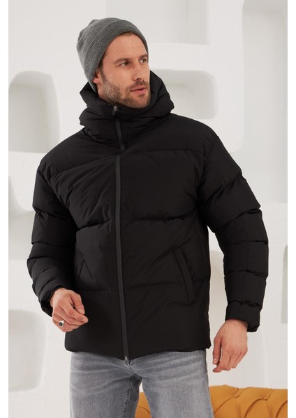 Erkek Garnili Su ve Rüzgar Geçirmez Oversize Şişme Mont Siyah - 561DNGR