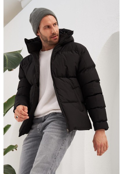 Erkek Garnili Su ve Rüzgar Geçirmez Oversize Şişme Mont Siyah - 561DNGR fırsatları