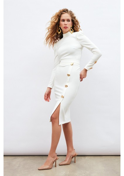 Düğme Detaylı Kalem Etek - Ekru