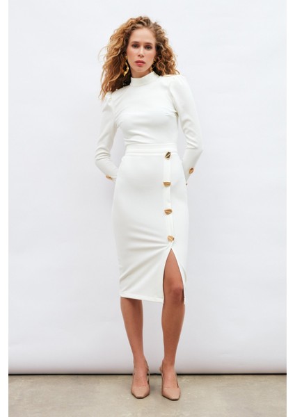 Düğme Detaylı Kalem Etek - Ekru fiyatları