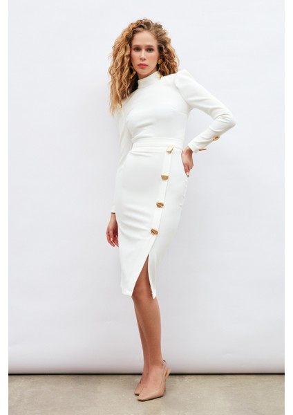Düğme Detaylı Kalem Etek - Ekru fırsatları