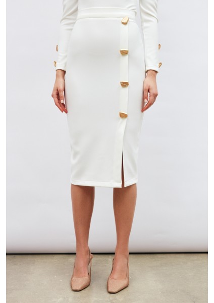 Düğme Detaylı Kalem Etek - Ekru indirimleri