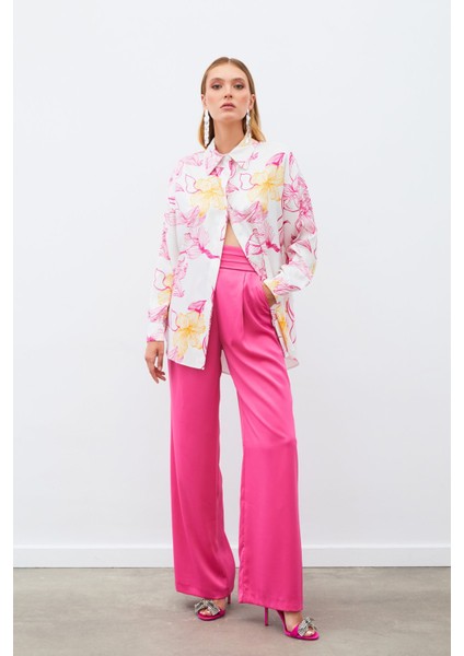 Renkli Desenli Salaş Gömlek - Fuşya