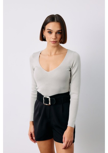 V Yaka Crop Triko - Gri modelleri