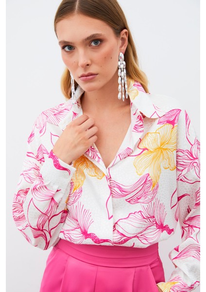 Renkli Desenli Salaş Gömlek - Fuşya fırsatları
