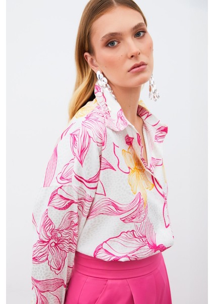 Renkli Desenli Salaş Gömlek - Fuşya indirimleri