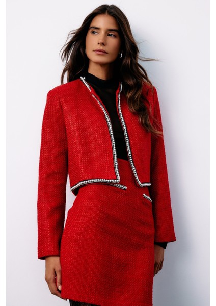 Aksesuar Detaylı Tüvit Ceket - Kırmızı