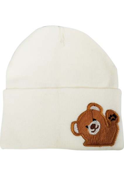 Akrilik Ayıcık Figürlü Çocuk Bere Beyaz