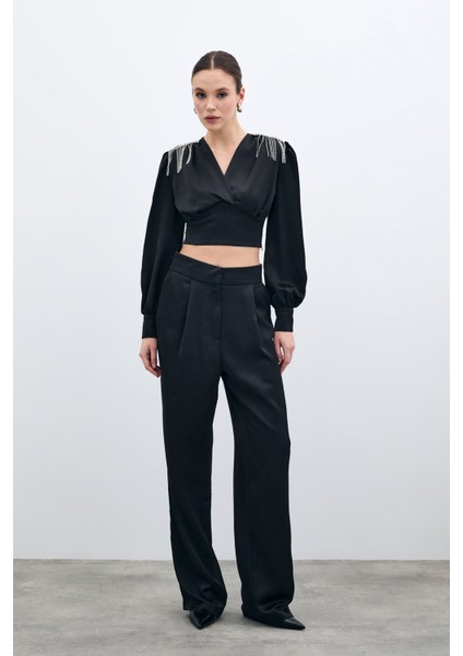 Pileli Saten Krep Pantolon - Siyah fiyatları