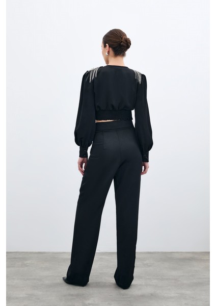 Pileli Saten Krep Pantolon - Siyah indirimleri