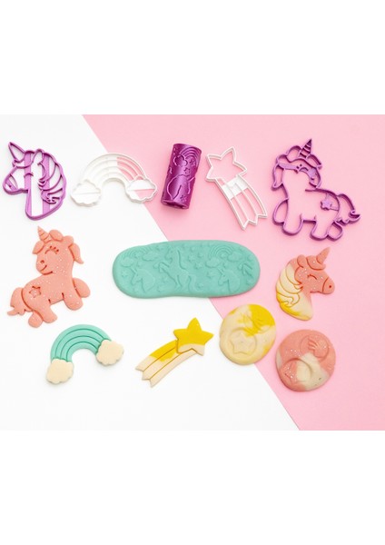 Doğal Oyun Hamuru Unicorn Dream Set 4*150GR, Kalıp, Damga Roller, Ahşap Mini Merdane indirimleri
