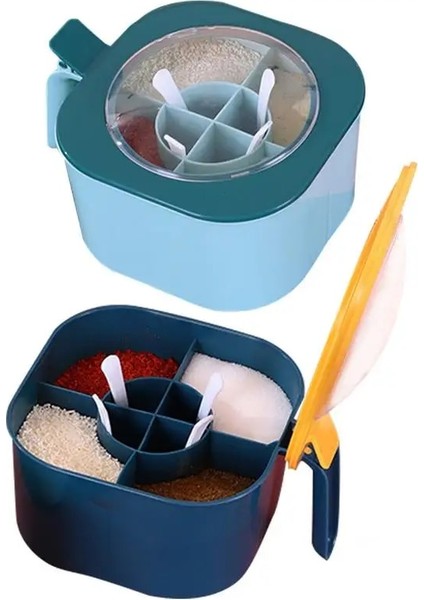 Lacivert Baharat Kutusu Mutfak Dört Bölmeli Kapaklı Mühürlü Nem Geçirmez Tat Geçirmez Baharat Depolama Organizatör Mutfak Gadget'ı (Yurt Dışından)