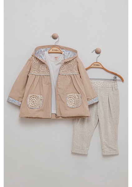 Dantel Detaylı Kapüşonlu Beli Lastikli 3'lü Kız Bebek Takım