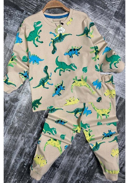 Erkek Çocuk Üzeri Dinazor Baskılı Bisiklet Yaka Pijama Takımı