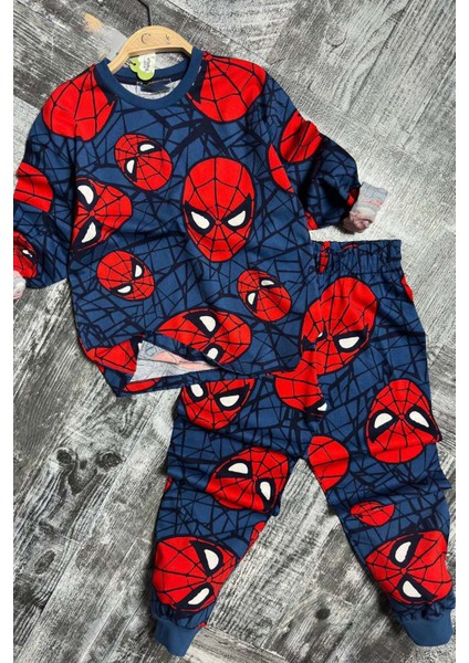 Erkek Çocuk Ağ ve Örümcek Adam Kafa Baskılı Lacivert Pijama Takımı