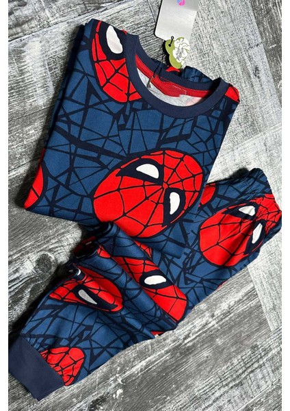 Erkek Çocuk Ağ ve Örümcek Adam Kafa Baskılı Lacivert Pijama Takımı