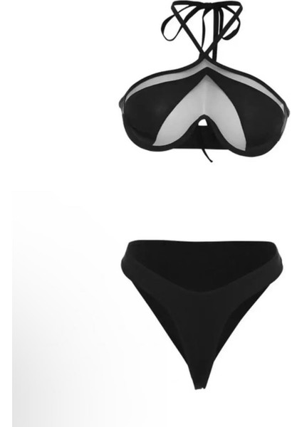 Transparan Detaylı Boyundan Bağlamalı Bikini Takımı