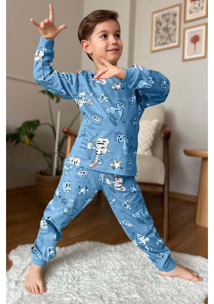 Erkek Çocuk Robot ve Creeper Baskılı Mavi Pijama Takımı