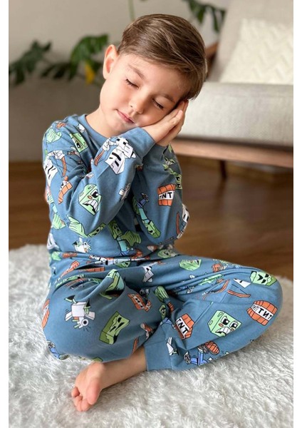 Erkek Çocuk Robot ve Creeper Baskılı Mavi Pijama Takımı fiyatları