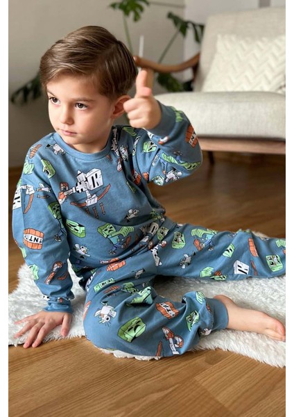 Erkek Çocuk Robot ve Creeper Baskılı Mavi Pijama Takımı modelleri