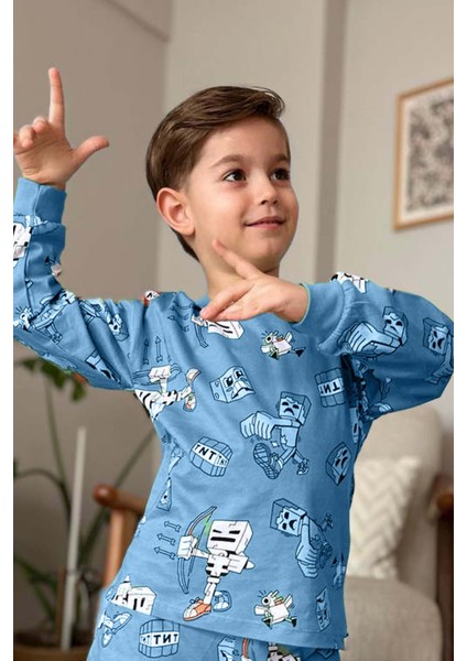 Erkek Çocuk Robot ve Creeper Baskılı Mavi Pijama Takımı fırsatları