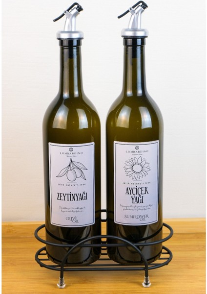 Petra 2'Li Siyah Metal Standlı Yağdanlık Seti Gümüş Etiketli Amber Yağlık 750 Ml