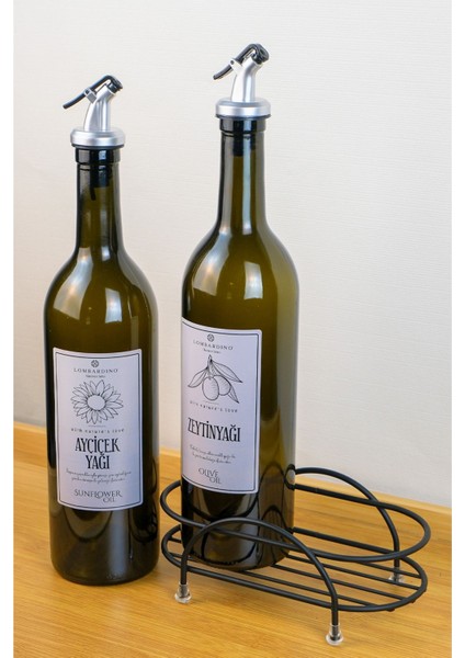 Petra 2'Li Siyah Metal Standlı Yağdanlık Seti Gümüş Etiketli Amber Yağlık 750 Ml