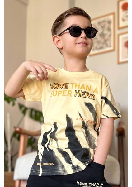 Erkek Çocuk More Than Yazı ve Eskitme Yazı Baskı Detaylı T-Shirt Sarı Eşofman Takım