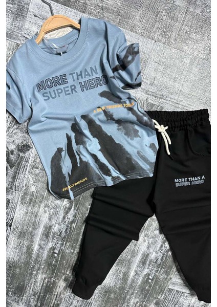 Erkek Çocuk More Than Yazı ve Eskitme Yazı Baskı Detaylı T-Shirt Mavi Eşofman Takım modelleri