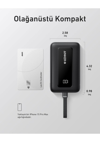 Zolo Powerbank (10K, 30W, Dahili USB-C Kablo) - Siyah - A1688 (Anker Türkiye Garantili)