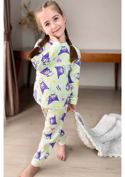 Kız Çocuk Kuromi Karakter Baskılı Açık Yeşil Pijama Takımı