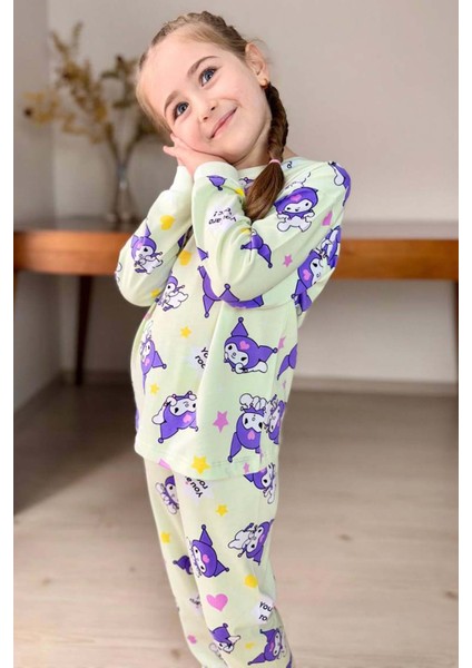 Kız Çocuk Kuromi Karakter Baskılı Açık Yeşil Pijama Takımı modelleri